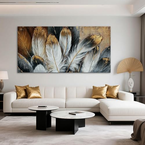 Image of Feather Canvas Wall Art Modern Living Room Bedroom Wall Decoration Large Giclee Print Canvas Painting Artwork for Home Decor One Piece White Gold Brown Feather Picture Ready to Hang 58x29 Size