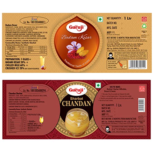 Image of Shree Guruji Badam Kesar Dry Fruit Sharbat & Chandan Sharbat Combo Pack Milk Beverage Instant Syrup Refreshing Drink for Summer (1 Litre)