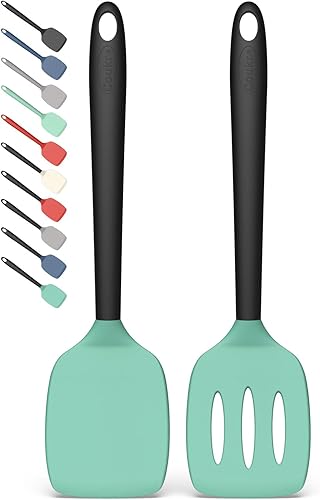 Miniatura 8 de Coukre Juego de 2 Espátulas de Silicona, Resistente al Calor Alto, Libre de BPA, Espátula de Cocina, Volteador Sólido y Ranurado para Sartenes negro