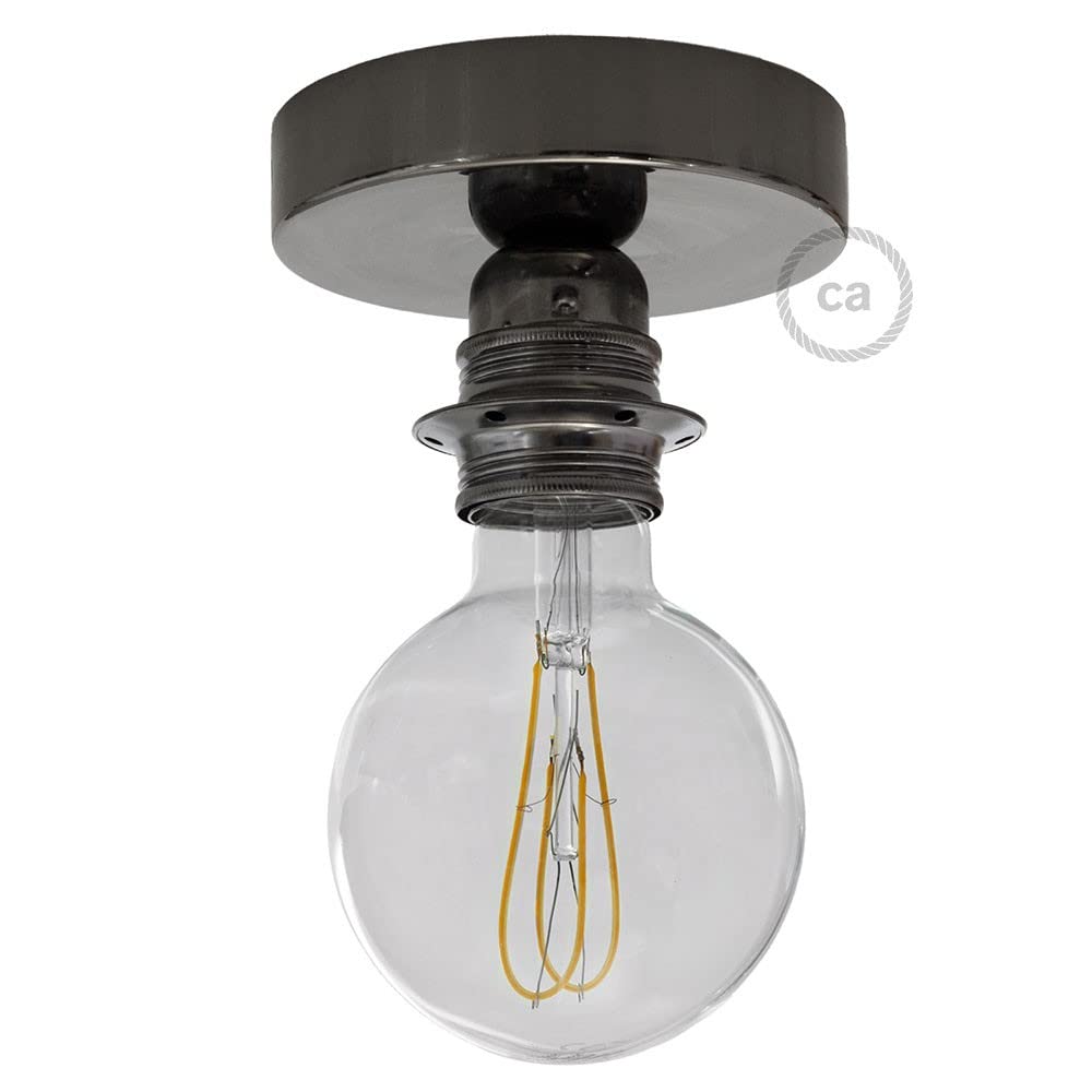 creative cables Fermaluce Metal con portalampada filettato E27, Punto Luce in Metallo - con Lampadina, Nero Perla