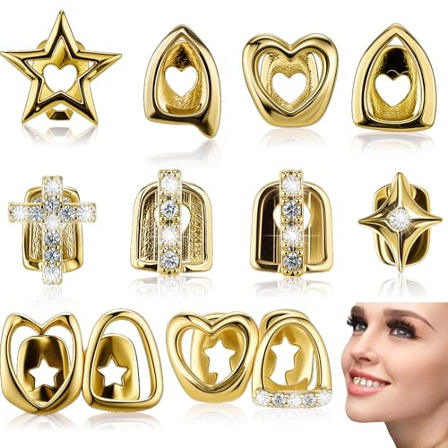 Otoolling 9 Pcs Grill for Women Gold Plated Grills for Teeth Punk Cross Hollow Heart Star Tooth Single Grill Cap Hip Hop Jewelry Gift for Women Men Rapper Halloween Costume Cosplay by Otoolling - Used condition - US$12.19