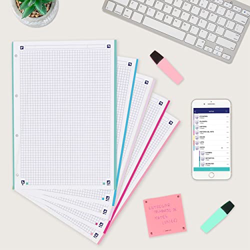 Oxford, A4, kariert, perforiert, Nachfüllpackung, Lineatur 5 x 5, 4 Löcher, 5 Pastell-Bandfarben, 250 Blatt