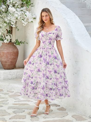 Image of Scarlet Darkness Women Floral Maxi Dress Puff Sleeve Tea Party Corset Dress | Pockets, Ruched Bust, Ruffled Hem, for Cottagecore Fairy Milkmaid Vacation