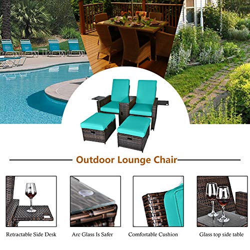 5PCS Outdoor Wicker Chaise Lounge Chair - Rattan Adjustable Reclining Patio Lounge Chair with Ottoman and Coffee Table, for Patio Beach Pool Backyard (Brown Wicker Turquoise Cushion)