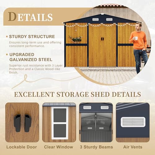 Image of KEIKI 10x12 FT Outdoor Metal Storage Shed with Lockable Doors, Windows, and Ventilation, Garden Shed for Backyard, Patio, or Tool Storage, Yellow