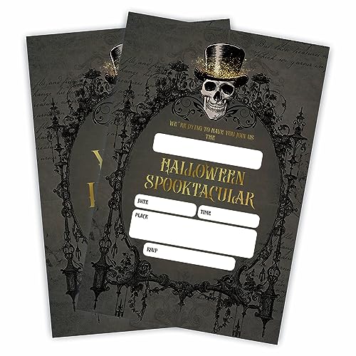 Halloween Spooktacular Party Invitation Cards Gothic Skull Theme 20 Invites With Envelopes Double-Sided Fill In Style Invitations Halloween Dress Up Party Favor Decorations And Supplies - 03