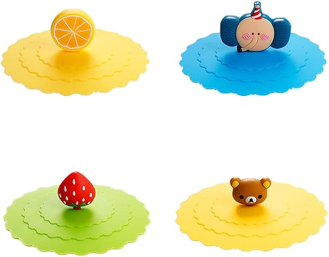 CORTNEY 4 Pcs Silicone Glass Cup Covers, Creative Round Fruit Cartoon Mug Cover, Food-grade Silicone Drink Glass Cup Lids, Reusable Anti-dust Cup Covers