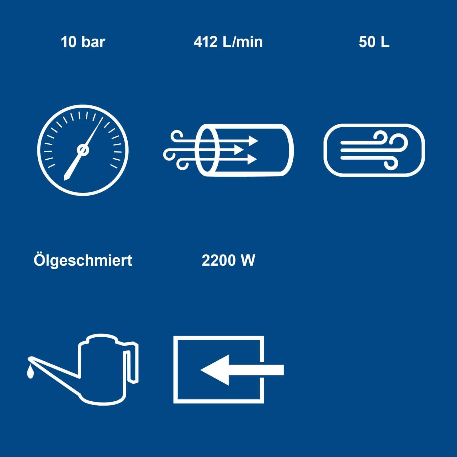 Scheppach Druckluft Kompressor HC53DC | 2200W Leistung | 50L Kessel | 10bar Druck | Ansaugleistung 412 L/min | Druckminderer, ölgeschmiert, Doppelzylinder