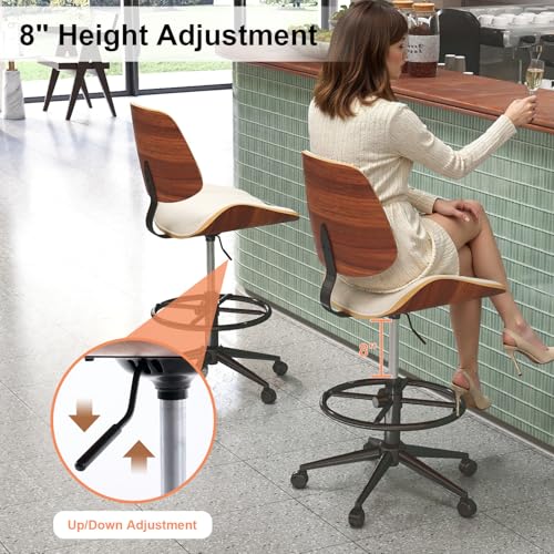 Image of Drafting Chair, Ergonomic Office Chair with Walnut Wood Back Support, Armless PU Leather Desk Chair with Height-Adjustable, Thick Cushion for Home, Bar, Drafting, Office (Beige)