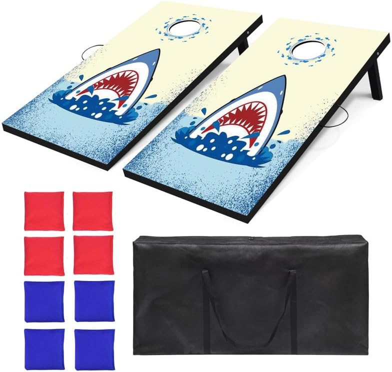 Juego de cornhole, tablas de Cornhole de tamaño reglamentario de tiburón con 8 bolsas de frijoles para todo tipo de clima y bolsa de transporte, 4 x