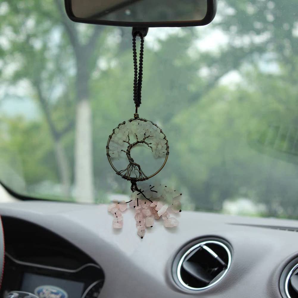 Lora RossieHealing Crystal Decor Tree of Life Car Hanging Accessories Heart 7 Chakras Stones Wall Decor Meditation Decoration Good Luck Home Ornaments (Pink Crystal Round)