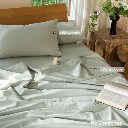 Image of MooMee Duvet Cover Set 100% Washed Cotton Linen Like Twin | Relaxed Linen-like Texture. Soft, Breathable & Long-lasting Comfort. Lightweight. Hidden Zipper with 8 Interior Corner Ties