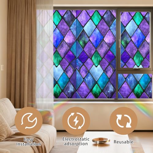 Image of Nuxovilar Stained Glass Window Film Purple Teal Diamond Pattern PVC 17.7 x 39.4 Inches Window Clings for Glass Surface Privacy Decor for Entryway Bedroom Sliding Door