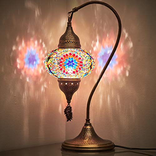 Turkish Moroccan Tiffany Style Handmade Colorful Mosaic Table Desk Bedside Night Swan Neck Lamp Light Lampshade With Hammered Metal Body And Hanging Metal Leaf, Multicolor, 19" #TOP30