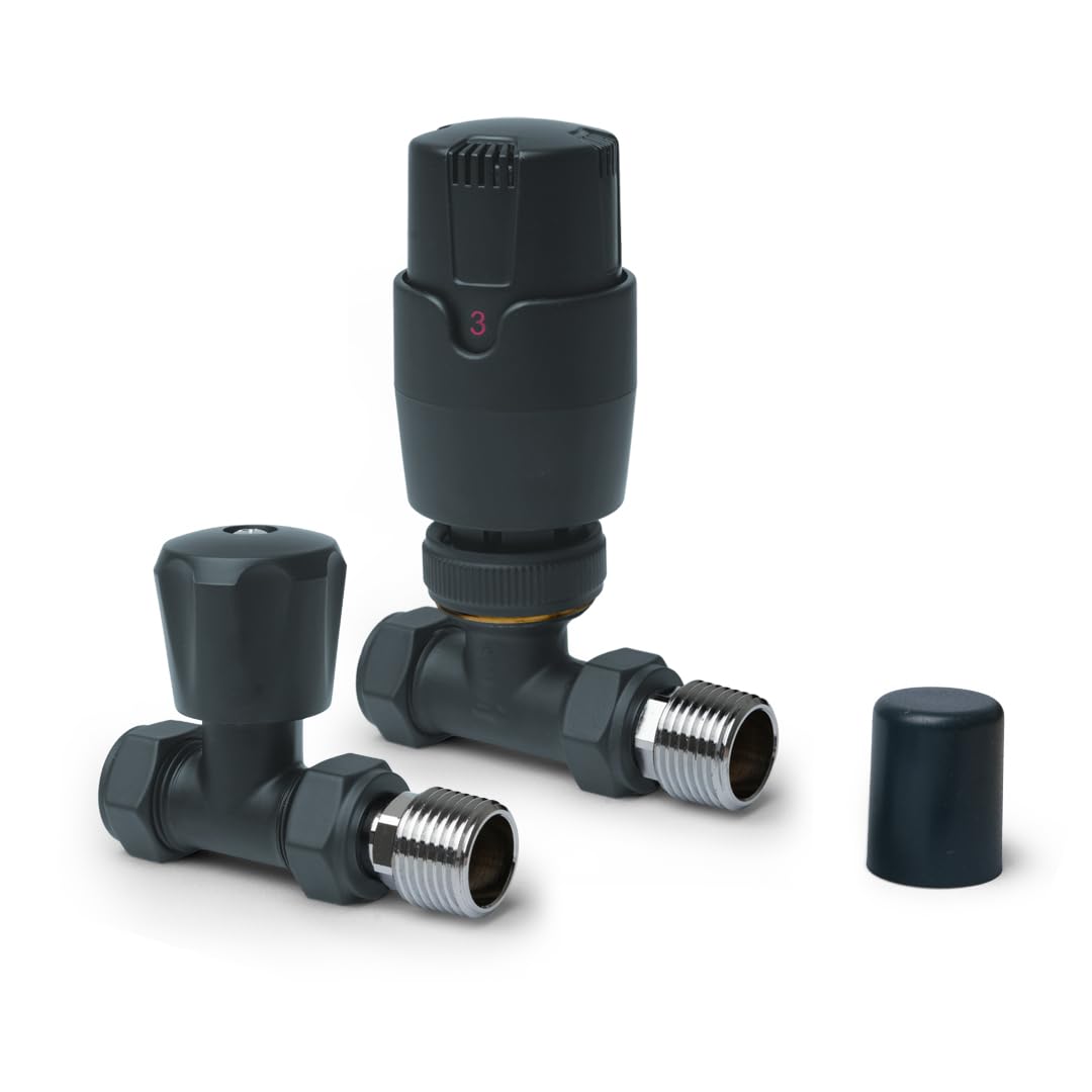 Anthracite Straight TRV Thermostatic Radiator Valves Modern Radiator Valves 15mm x 1/2" (Set of 2) for Heated Towel Rails & Central Heating Radiators Radiator Valve Set