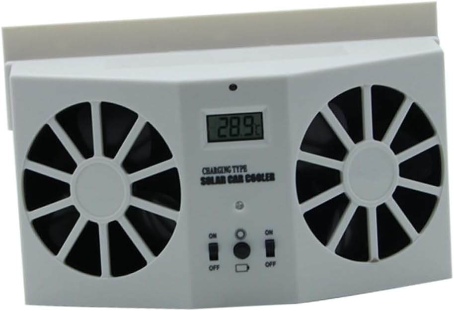 Solar Dual Ventilation Fan for Car with Rechargeable Battery and Solar Power Compact Double Duct Design for Front and Rear Window Exhaust LCD Temperature Display White
