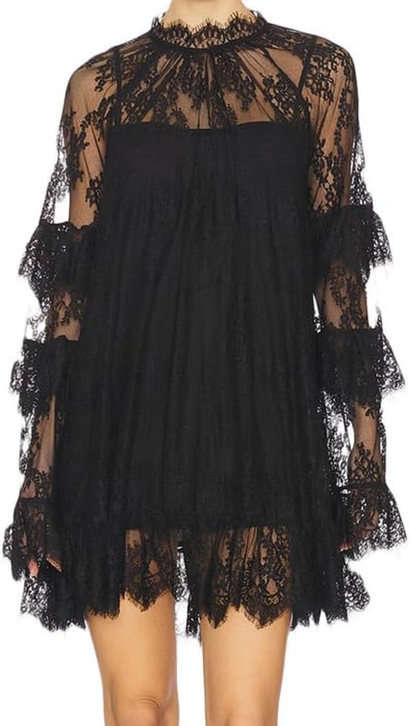 ROAONOCOMO Romantic Sheer Floral Lace Ruffled Layered High-Neck A-Line Mini Dress