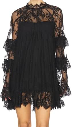 Women See-Through Long Sleeve Lace Mini Dress with Ruffle Layers