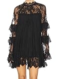 Women See Through Long Sleeve Lace Mini Dress Ruffle Layered Sheer Lace Short Dresses Sexy Going Out Cover Up Dresses Black