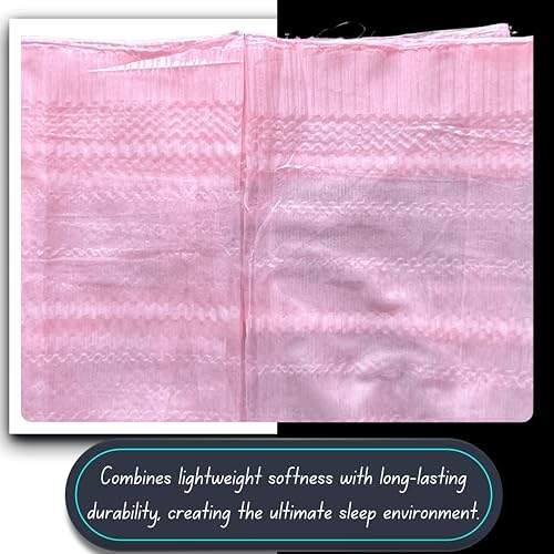 Image of Mosquito Net for King Size Bed & Double Bed (6x7 ft, Wall /Hook Hanging) Poly-Cotton Blend Fabric with Zigzag Wave Line Pattern, Pre-Fitted Bottom & Cotton Ribbon (Frame Not Included) (Soft Pink)