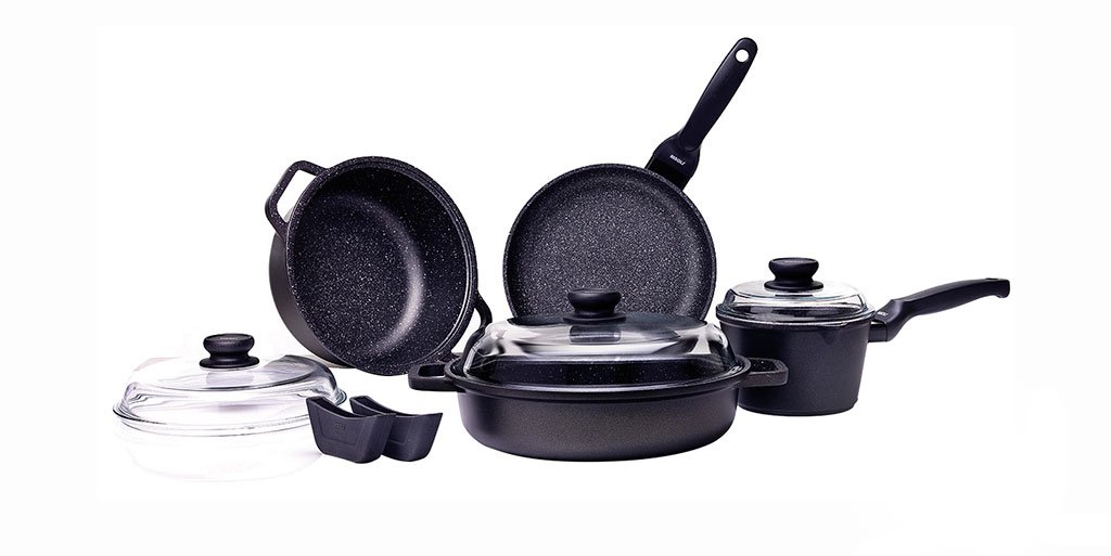 Risolì 03SET9PZ0HS0 - Set Family Linea Granito Antiaderente Hard Stone, Nero/​Transparente, Confezione da 9 pezzi