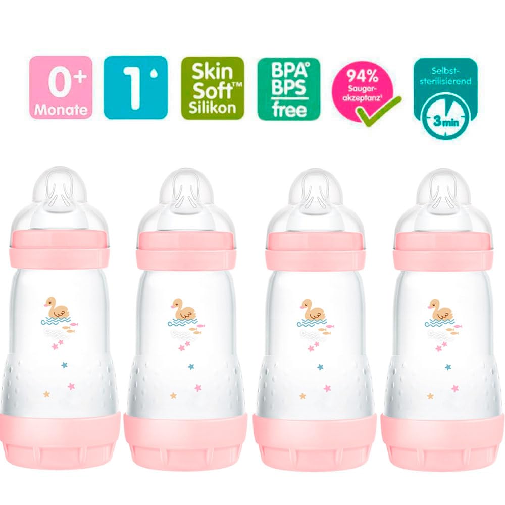 MAM Botella anticólicos, 260 ml, 4 unidades, incluye 8 tetinas, tamaño 1 y 2 desde el nacimiento