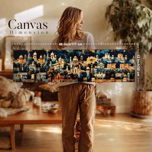 Image of Traditional Indian Cityscape Stretched Canvas Wall Art Painting for Living Room, Mughal Architecture Landscape Canvas Wall Decor For Livingroom, Bedroom, Office, Hallway's, Hotel 12x46 Inch