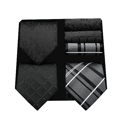 HISDERN Ties for Men Pocket Square Sets Business Elegant Black Checkered Floral Necktie Classic Lot 3 Pcs Wedding Party Neck Tie & Handkerchief