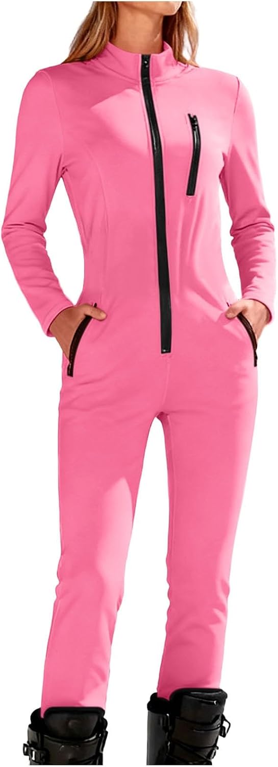 Womens Ski Suit One Piece Jumpsuits Zip Front Winter Bodycon Playsuit Snow Suits Sport Workout Yoga Shapewear
