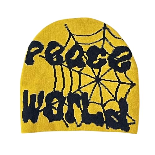 2THESTARS Y2K Beanie Hat for Men & Women Trendy Soft Stretchable Winter Cap, Spider Design Cold Knit Weather Accessory -Yellow