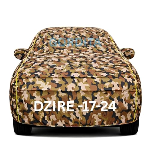 Image of Waterproof Car Body Cover for Dzire 2017-24 All Weather Protection Comes with Inner Cotton Lining & Triple Stitched with Mirror & Antenna Pocket Belt & Elastic Fit Army with Yellow Piping2