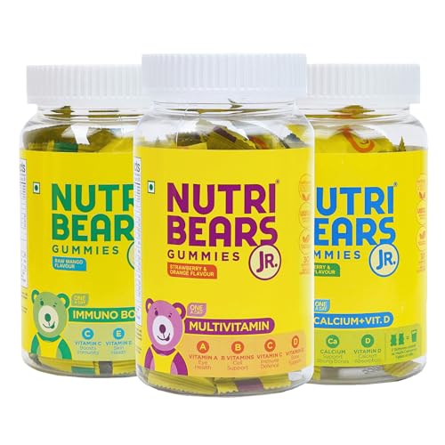 Image of NutriBears Multivitamin, Calcium and Immune Gummies for Kids, Combo Pack of 3 (90 Gummy Bears, Strawberry, Orange & Mango Flavour) Vitamin C, D, & Zinc for Immunity, Supplement for Strong Teeth and Bones