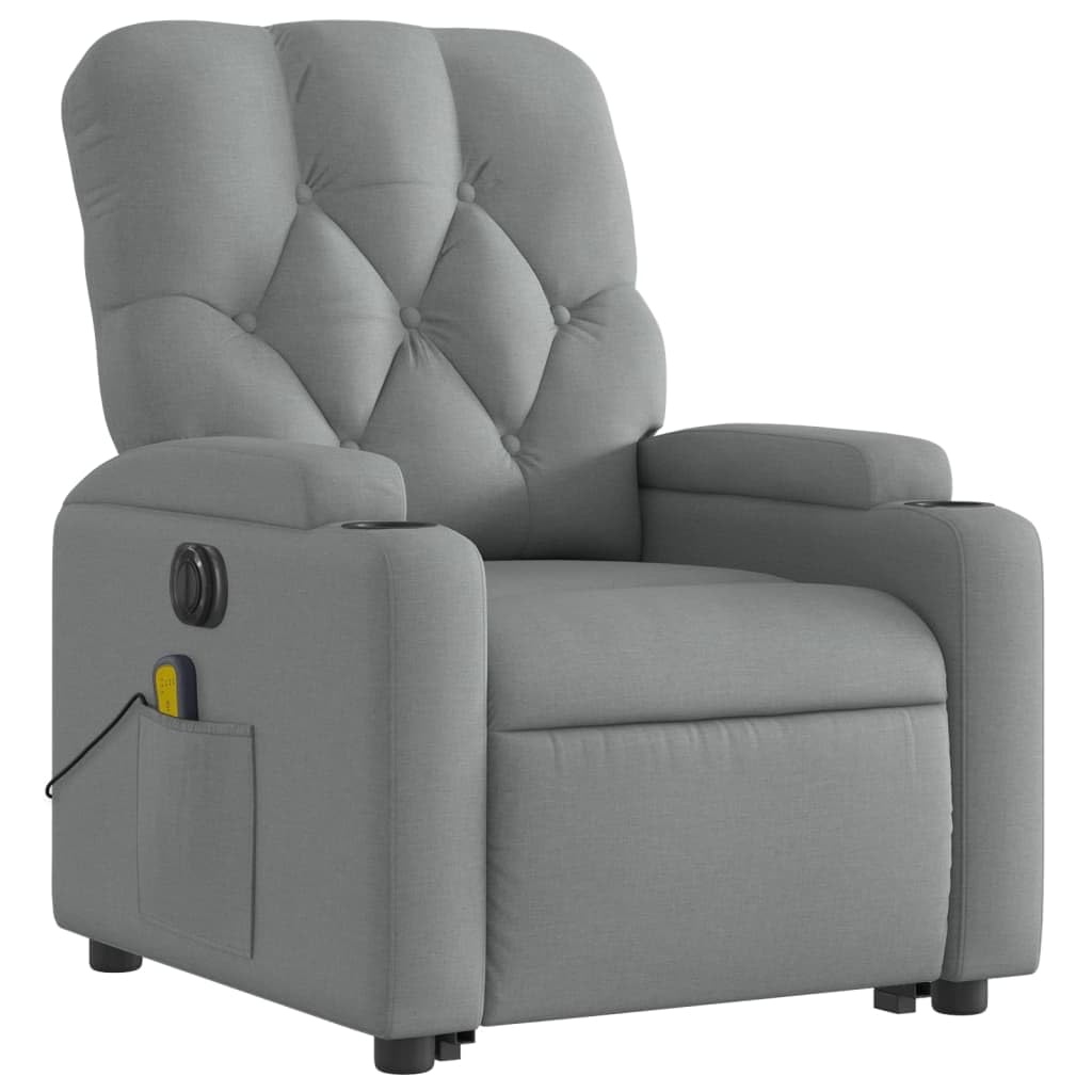 Sillón elevador eléctrico con masaje de 6 puntos y reclinación automática, gris claro de tela, función elevación y vibración, estructura estable