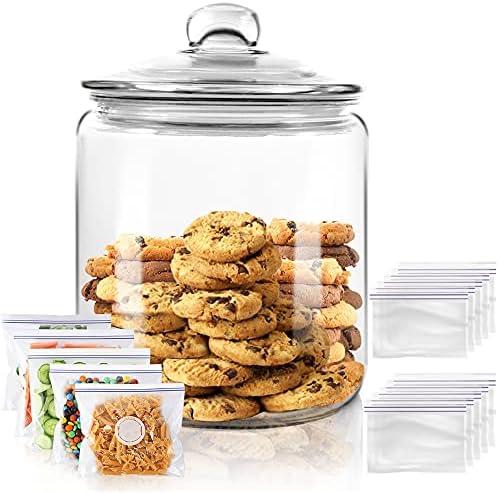 Airtight Glass Jar,Cookie Candy Penny Jar with Leak Proof Rubber Gasket Lid,1 Gallon Clear Round Big Household Multifunctional Storage Container with Silicone Reusable Food Bag for Cookies, Candies