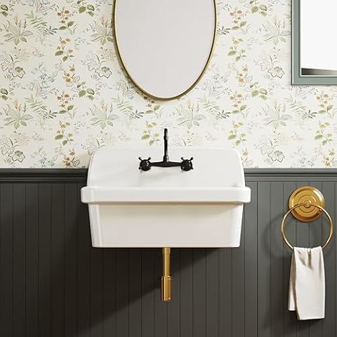 ELLAI Wall Mount Utility Sink Wall Mounted Laundry Tub Ceramic Farm Style High Back Farmhouse Sink White 30" x 19" x 18" with 8 Inch Center Faucet Matte Black Cover