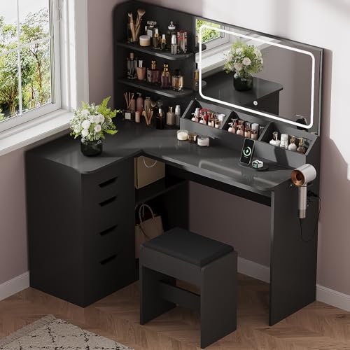 JUMMICO Schminktisch mit Spiegel und Licht Eck Schminktisch L Hocker mit Beleuchtung LED 3 Farben Make Up Table 120 breit mit 5 Schubladen und Steckdosen Schwarz