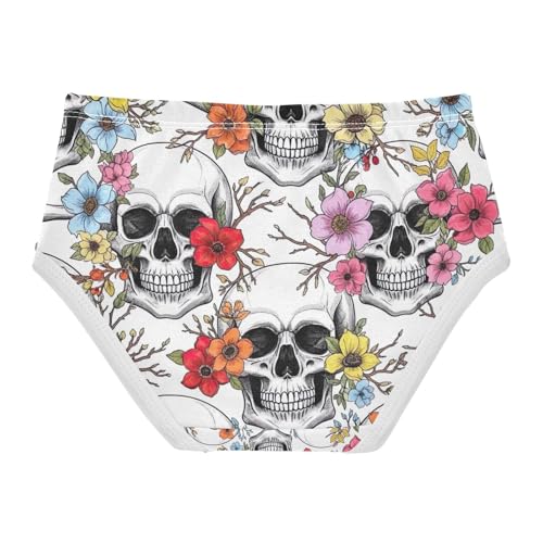 Kids Underwear, White Skull Colorful Flower Toddler Panties, Cotton Underwear Girls, 2T–8 Years2