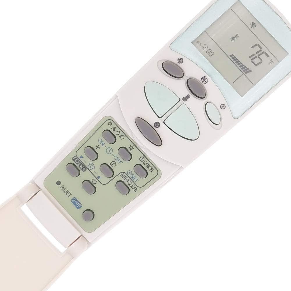 Angled view of the remote control, showing a sliding panel at the bottom revealing additional buttons.