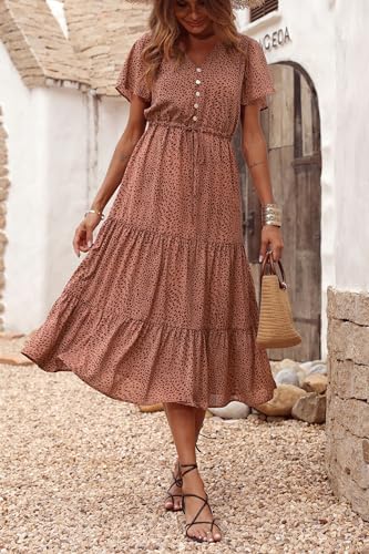 PRETTYGARDEN Summer Floral Dress for Women 2025 Casual Boho Short Sleeve Maxi Dresses V Neck Tiered Flowy Beach Sundress