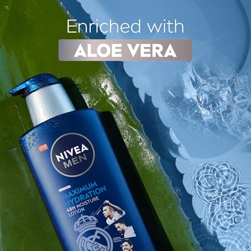 Image of NIVEA MEN Real Madrid Limited Edition Design Maximum Hydration 48-Hour Moisture Body Lotion for Dry Skin, Aloe Vera Lotion for Men, 3-in-1 Body, Face and Hands, 16.9 Fl Oz Bottle (Pack of 12)
