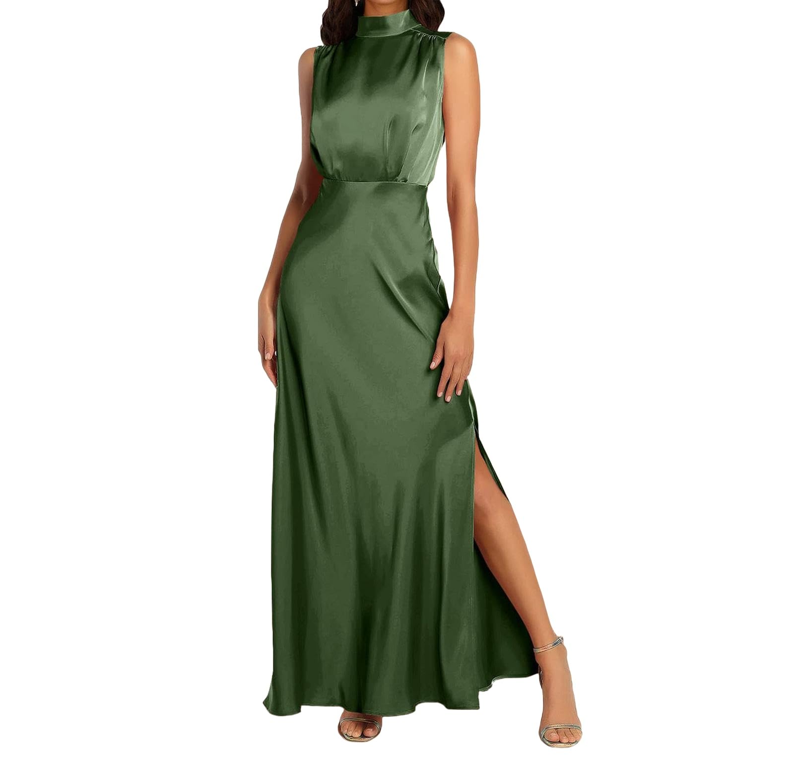 Abito da donna elegante in raso, senza maniche, a vita alta, per matrimonio, formale, per cocktail, per feste