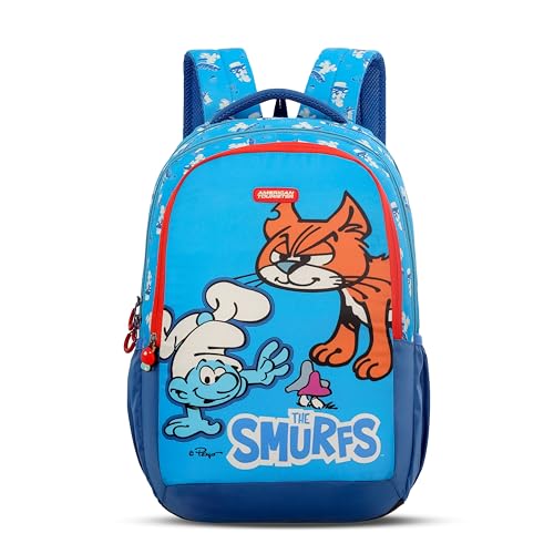 American Tourister The Smurf Kids Backpack/100% Durable Polyester/3 Spacious Compartments with 35L/Adjustable Shoulder Straps/Lightweight School Bag for Boys & Girls/Cartoon Print Design- Blue & Red