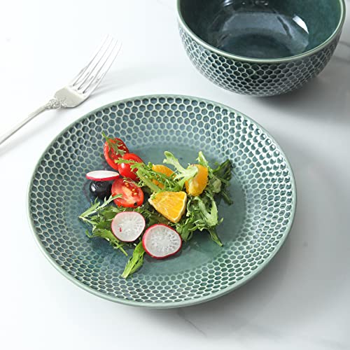 Yelloya 8 Inch Ceramic Salad Plates Set - Porcelain Dinner Plate Set Of 4 - Serving Plates For Dessert, Pizza, Pasta, Snack, Embossed Design, Dark Green #TOP2