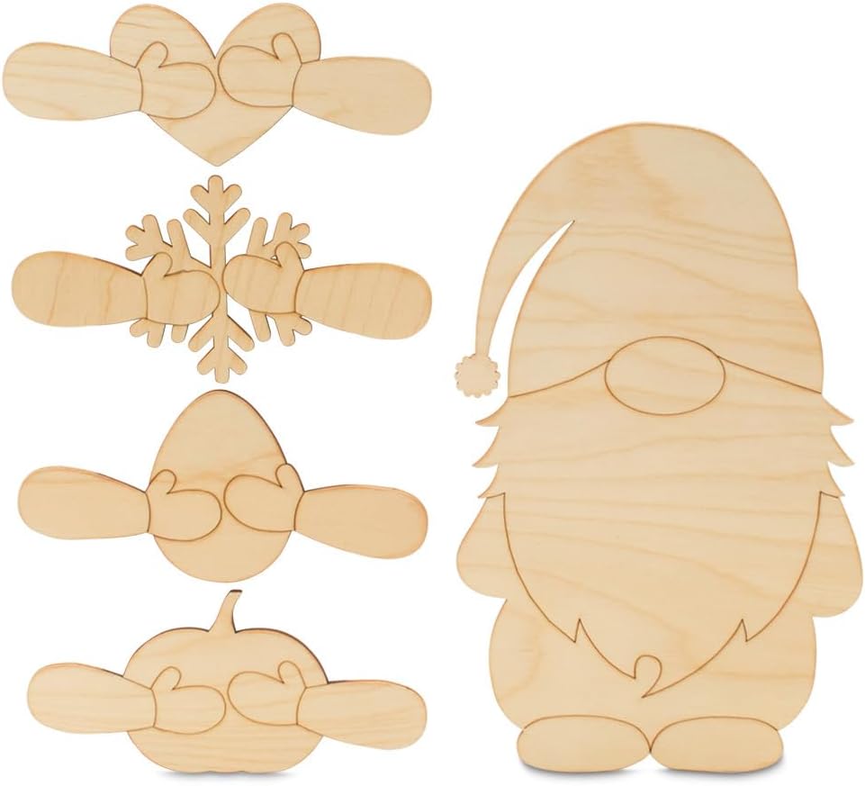 Halloween Gnome Decorations 12-inch, Pack of 5 Holiday Gnomes for All Season Set of Cutouts, Wood Gnome Door Hanger Interchangeable Decor to Paint, by Woodpeckers
