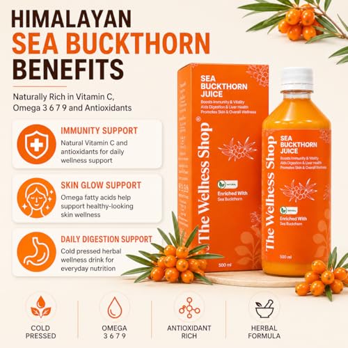 Image of The Wellness Shop Himalayan Sea Buckthorn Juice 500ml | Cold Pressed Seabuckthorn Berry Pulp Concentrate with Natural Vitamin C Omega 3 6 7 9, Antioxidants | Supports Immunity Skin Glow Gut Health