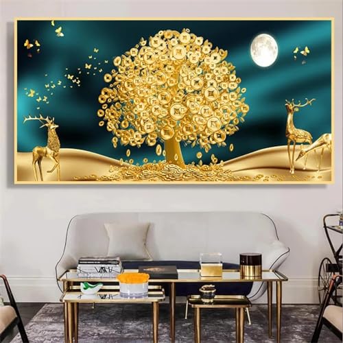 Tableau arbre de vie d'or chanceux peinture abstraite sur toile XXL encadrée
