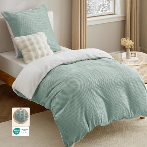 BEDSURE Flanell Bettwäsche 135x200 2tlg. - Grün Warmes Set, 80x80 Kissen | OEKO-TEX, Flauschiger Bettbezug mit Reißverschluss, Waffel-Design, Winter-Bettwäsche-Set in Biber-Optik,