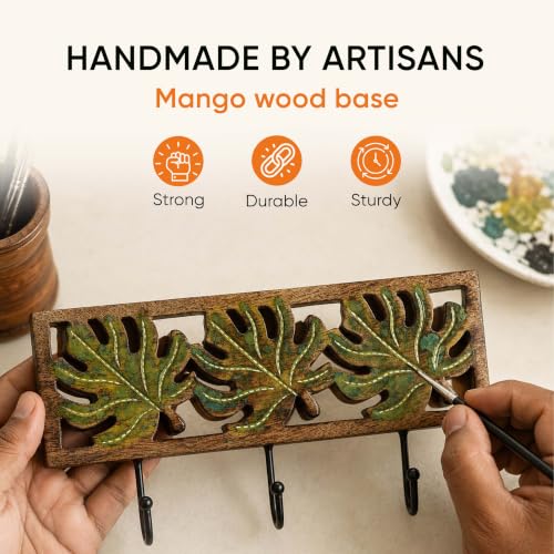 Image of AAKRITI ART CREATIONS Autumn Leaf Towel Hanger with Hooks | Rustic Wood Wall Organizer with 3 Hooks | Storage Shelf for Towels, Napkins, Cloths | Multifunctional Wall Decor Item