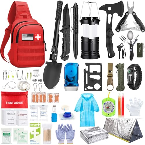 Emergency Survival Kit, 151 Pcs Survival Gear First Aid Kit, Outdoor Trauma Bag with Tactical Flashlight Knife Pliers Pen Blanket Bracelets Compass for Camping Earthquake or Adventures