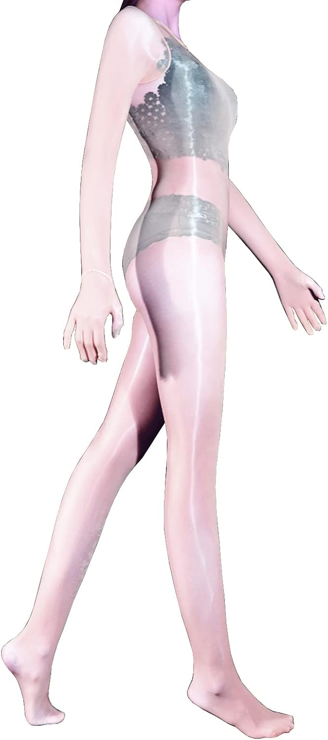 LESOYA Men's Sexy 8D Shiny Glossy Full Bodystocking Nylon Sheer Finger Gloves Bodysuit Catsuit with Sheath Pouch